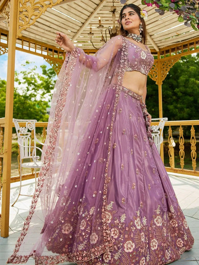 Adorable Lavender Thread Embroidery Designer Lehenga Choli - Ethnic Plus In